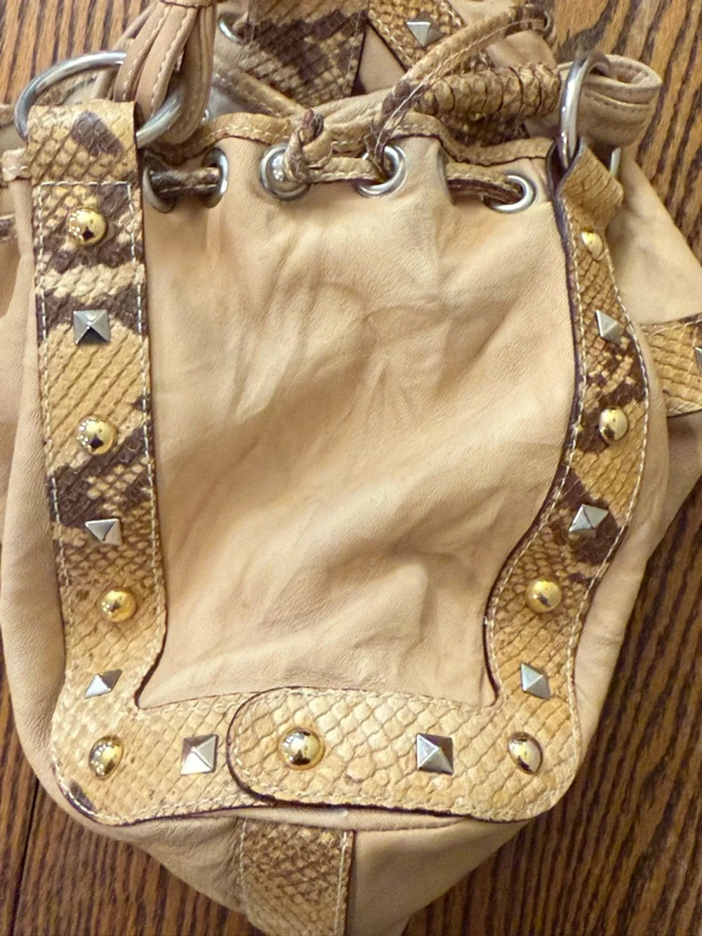 Y2K Tan Leather Python Trim Hobo Bag Mania Italy Silver Ring Gold Stud Boho